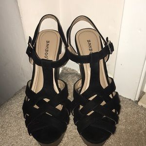 Black and Wood Strappy Wedges